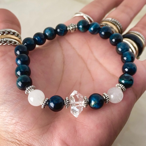 Genuine Herkimer diamond & blue tiger eye gemstones bead boho crystal bracelet - Picture 6 of 16